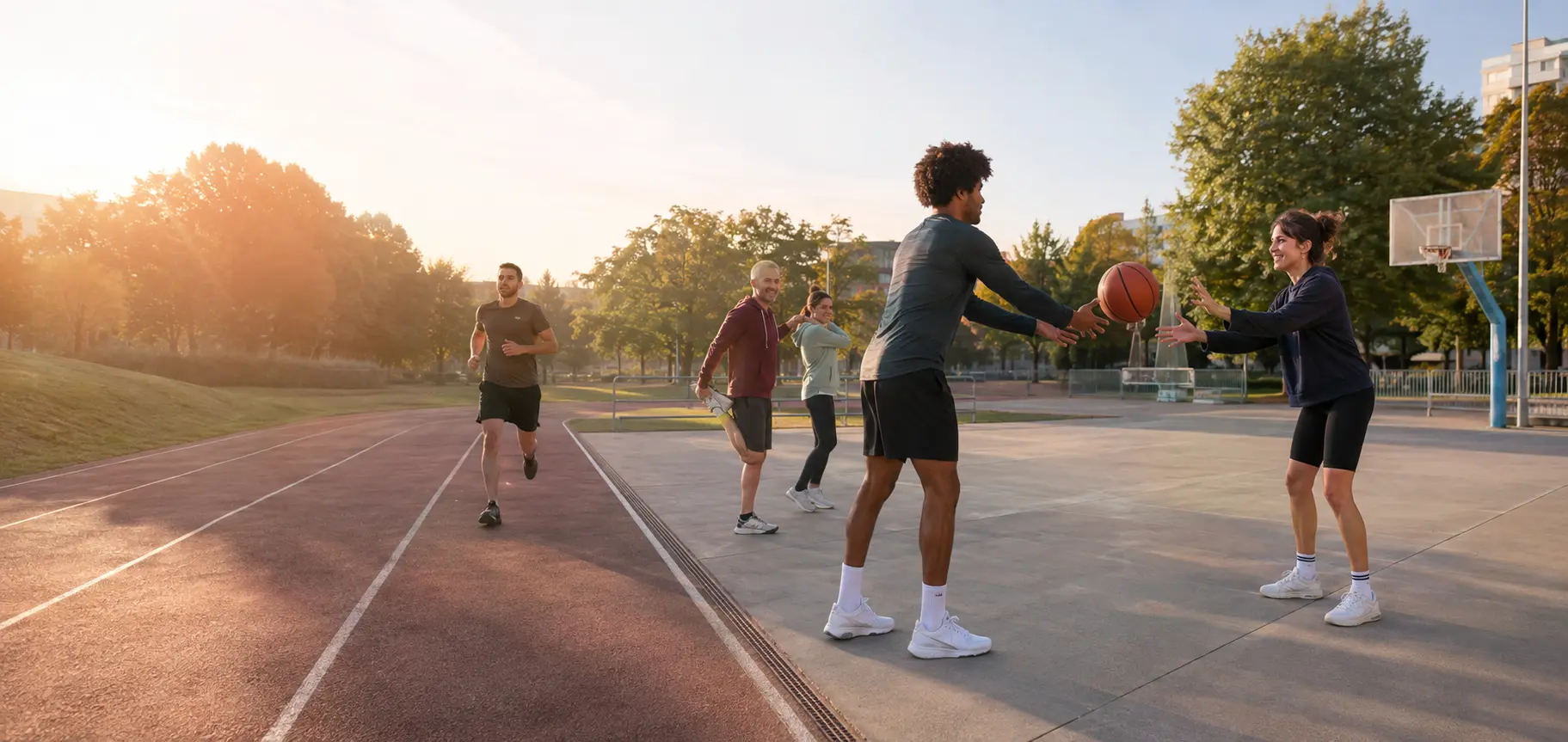 Sportifs dans un parc urbain, entre course et basket